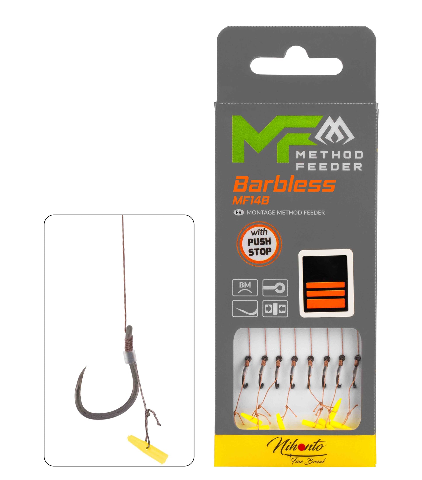 Mikado Leader Mf - MF14 Mit Push Stop - Haken Ohne Widerhaken 12 / Geflochtene SCHNÜRE: 0.12mm/10cm - 8 Stk.