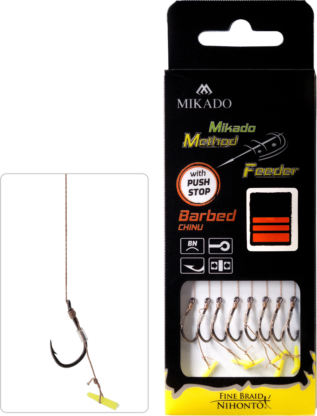 Mikado Methode Feeder Rig - Mit Push Stop - Haken Mit Widerhaken Grösse 4 / Geflochtene Schnüre: 0.16mm/10cm - 8 Stk.