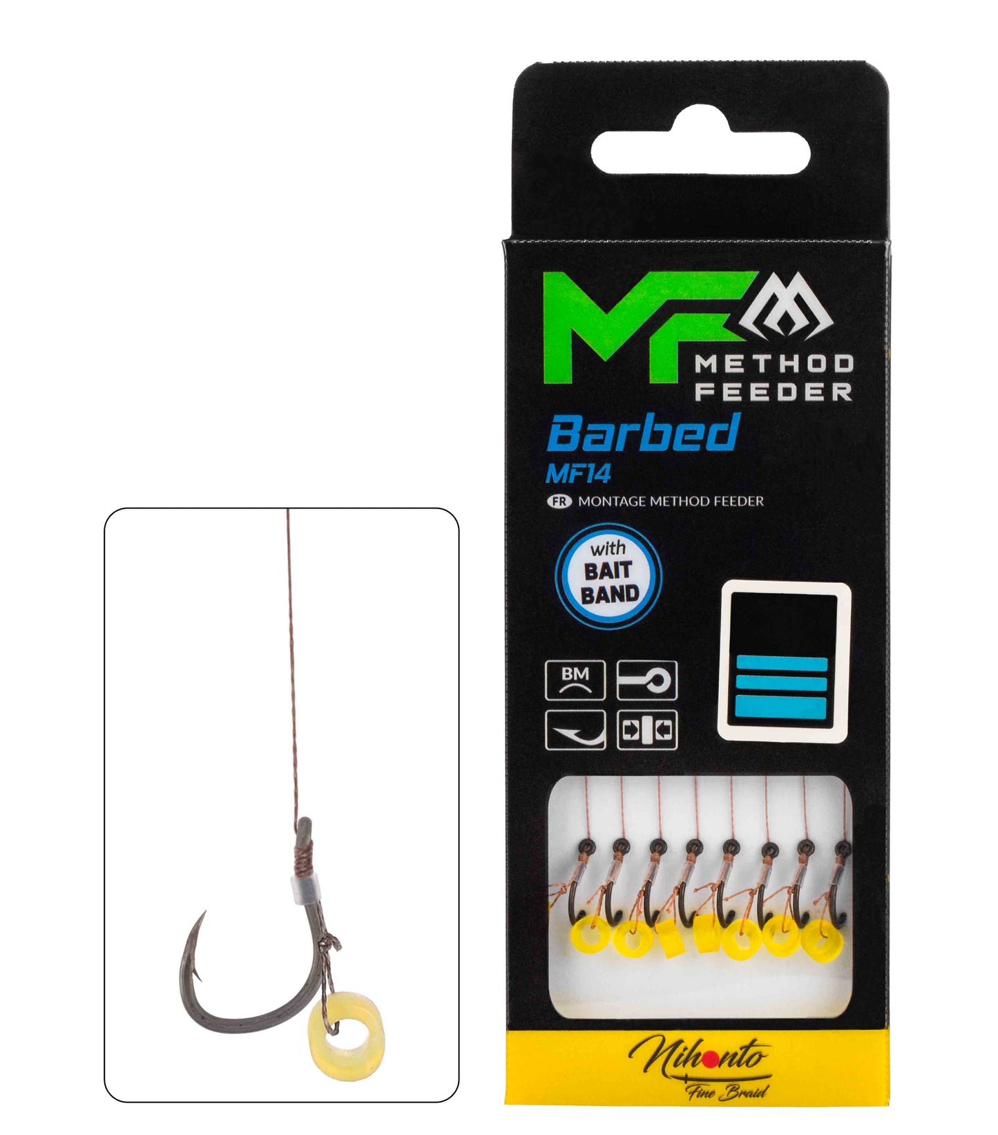Mikado Leader Mf - MF14 Mit Gummi - Haken Mit Widerhaken Grösse  8 / Geflochtene SCHNÜRE: 0.14mm/10cm - 8 Stk.
