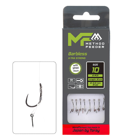 Mikado Method-Feeder-Vorfach - X-Tra Strong Mit Köderspike - Haken Ohne Widerhaken NR. 8 / Monofil 0.23mm/10cm - 8 Stk.