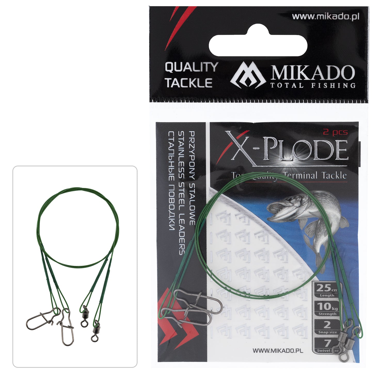 Mikado Stahl-Leader - Mit Wirbel Und Safety Snap (FS) 35cm/15kg - Grün - 2 Stk.