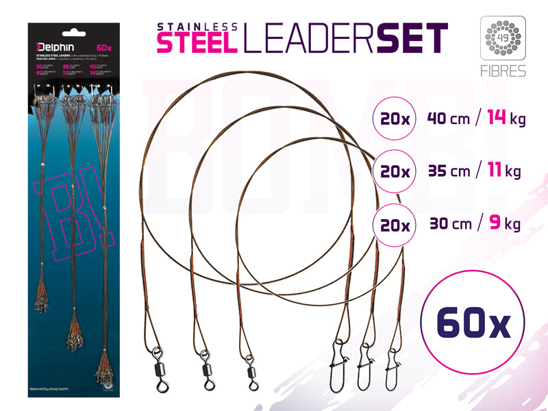 Stahlvorfach Set BOMB! Mit Wirbel und Karabiner / 49 Stahlfäden